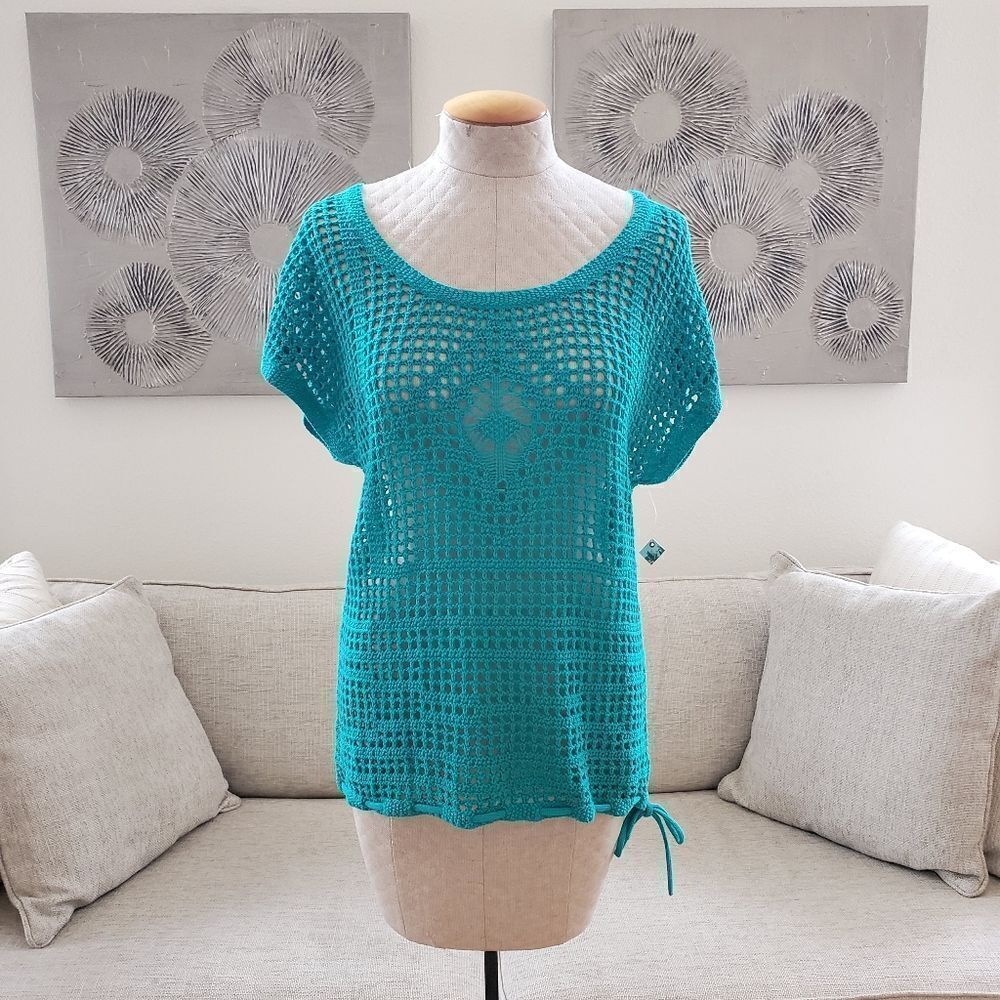 🌴 ROXY 🌴 NEW - Crochet Short Sleeve Coverup Top - [Medium, Teal]